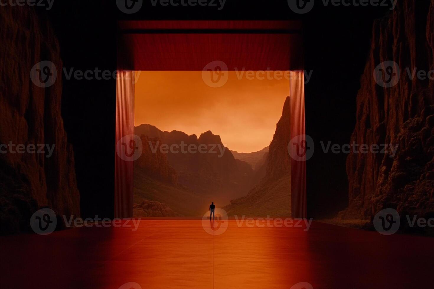 A man standing in front of a red door in a dark tunnel photo