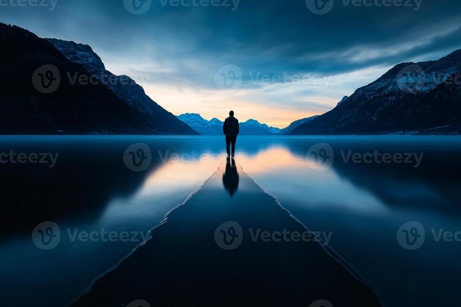 A man standing on a long pier in the middle of a lake photo
