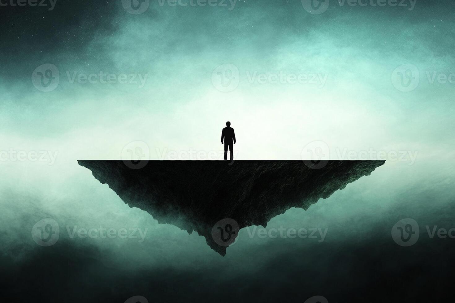 A man standing on an island in the middle of a dark sky photo