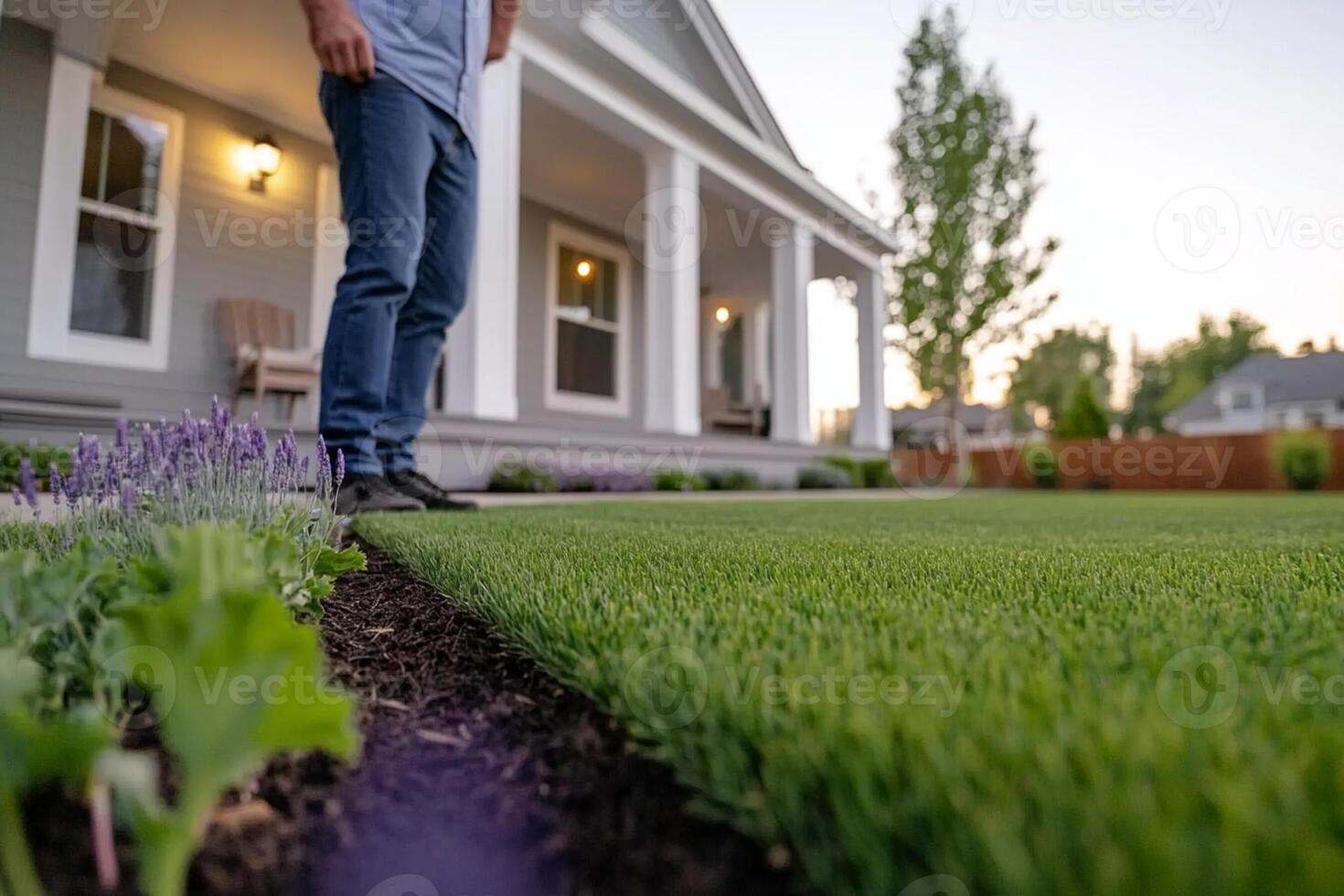 A man standing in front of a house with a lawn photo