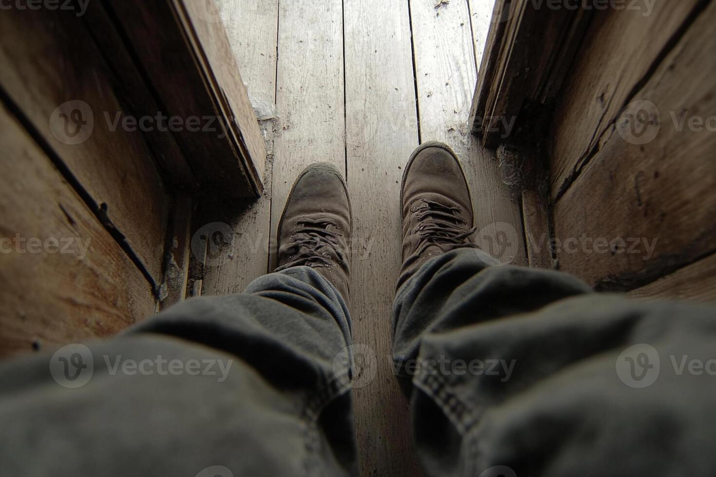 A person's feet standing on a wooden floor photo