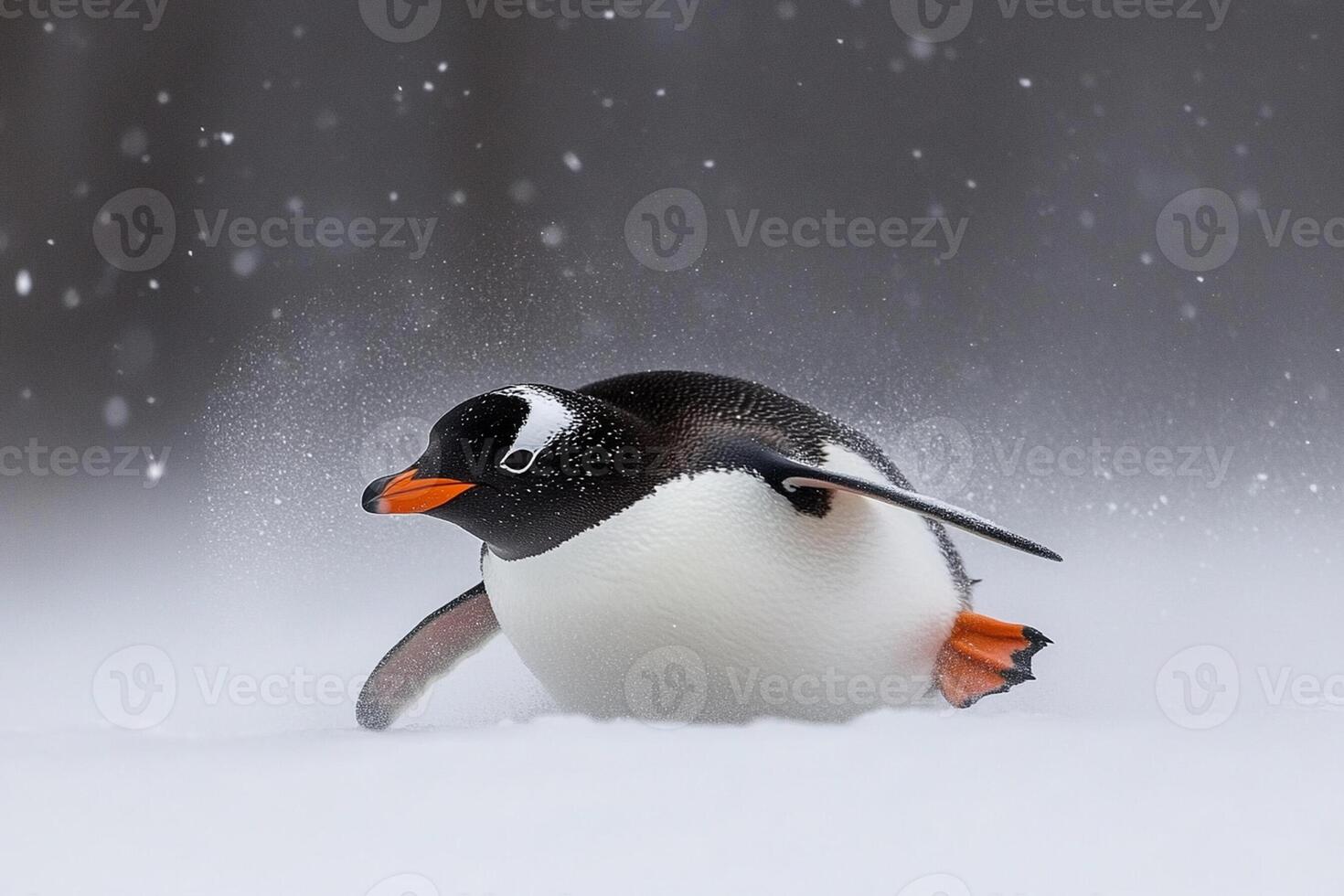 A penguin is walking through the snow photo