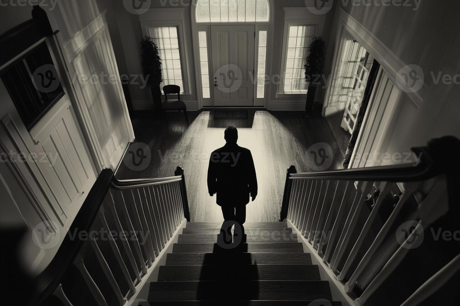 A man is walking down the stairs in a house photo