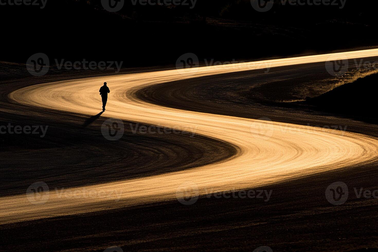 A person walking on a road at dusk photo