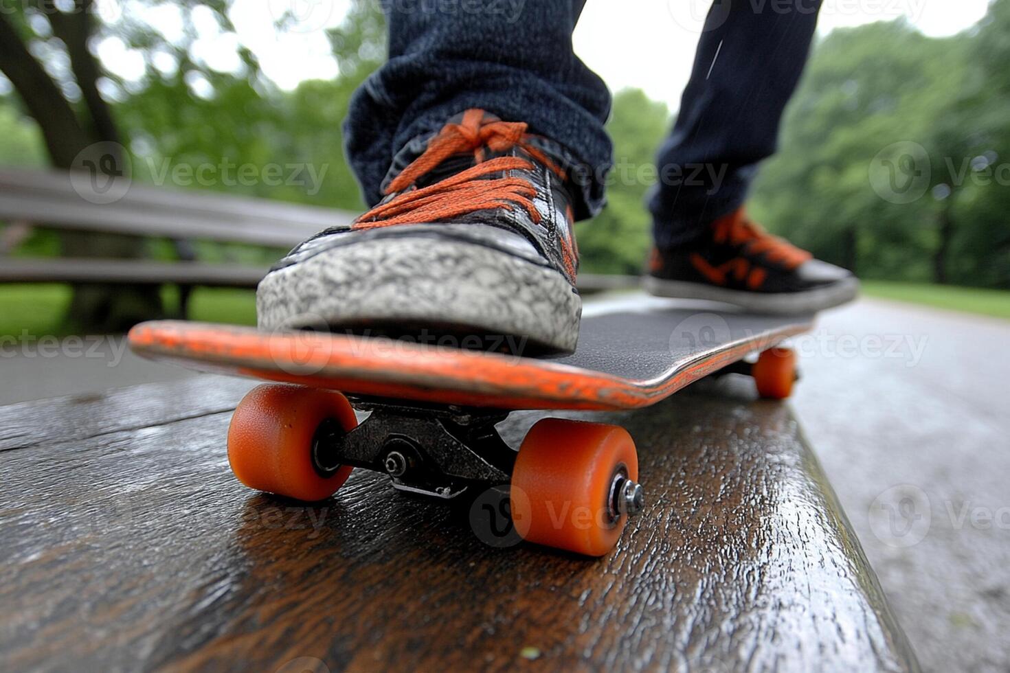 A skateboard on a bench photo