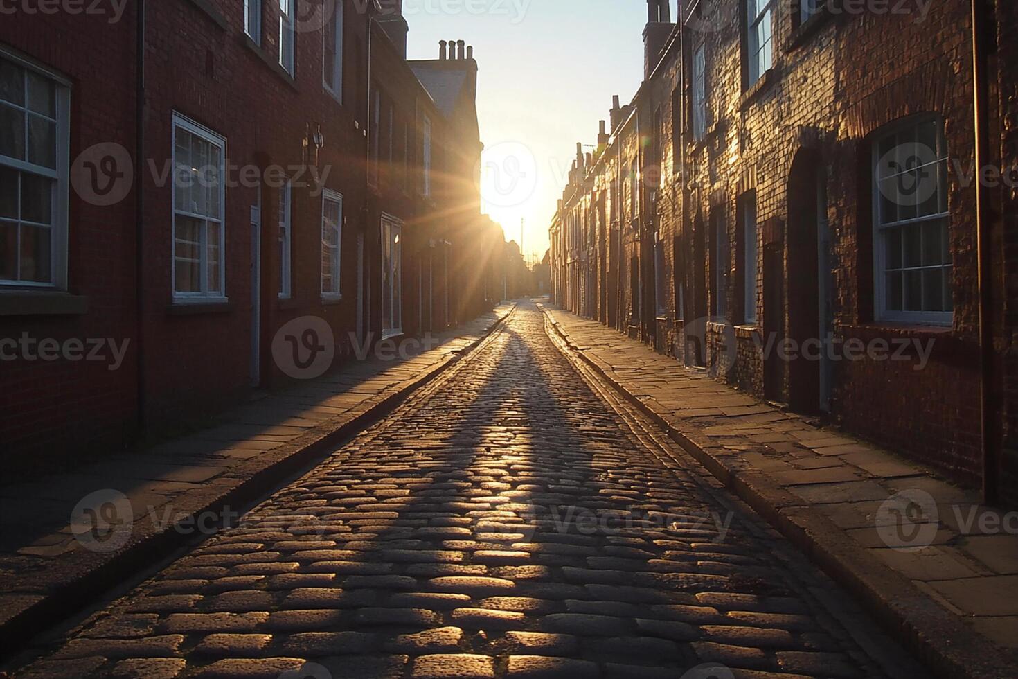 The sun is setting behind a cobblestone street photo