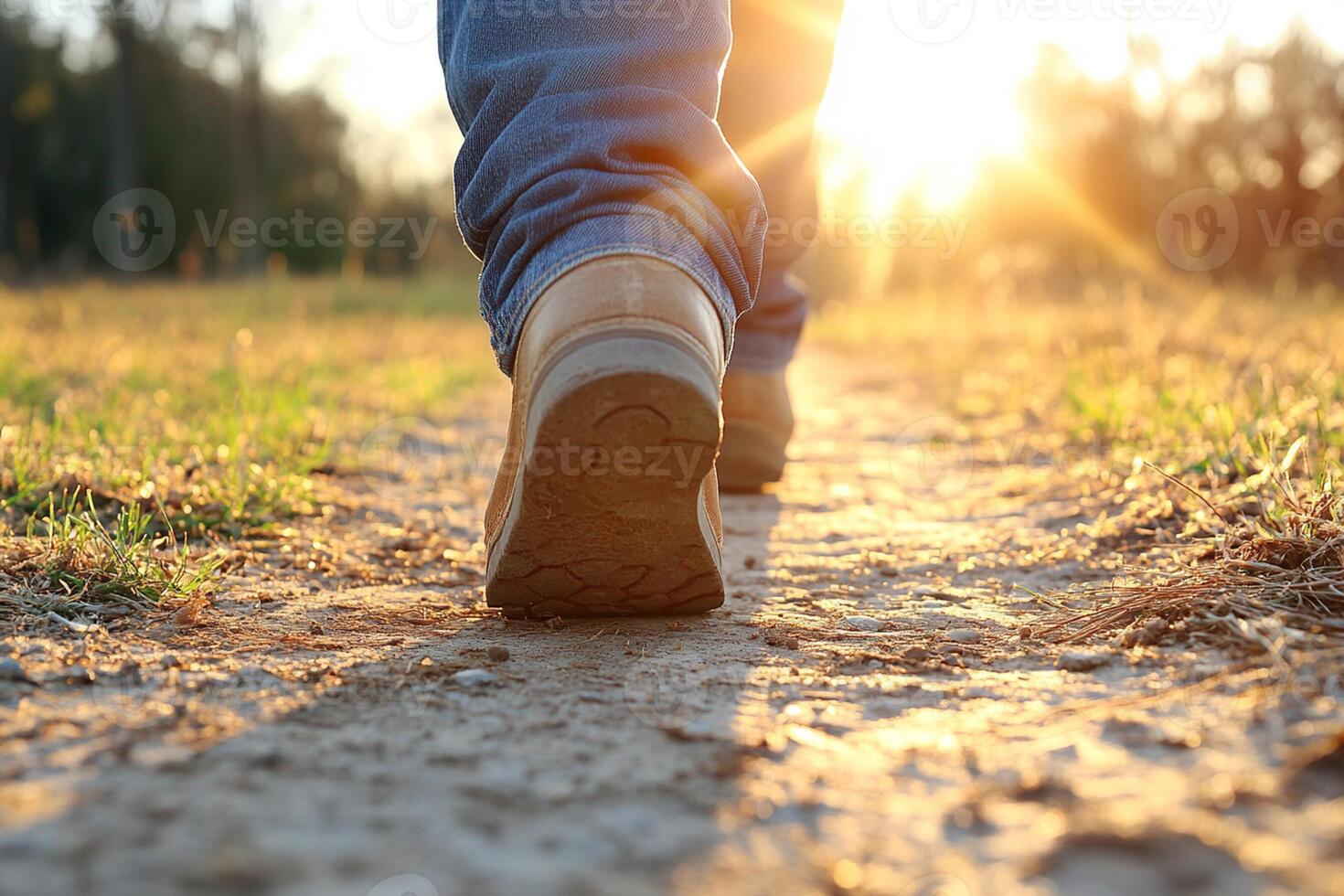A person walking on a dirt path in the sun photo