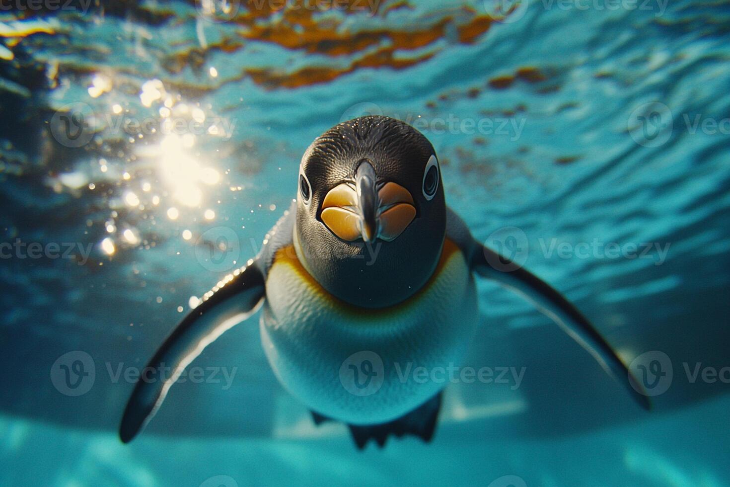 A penguin is swimming in the water photo