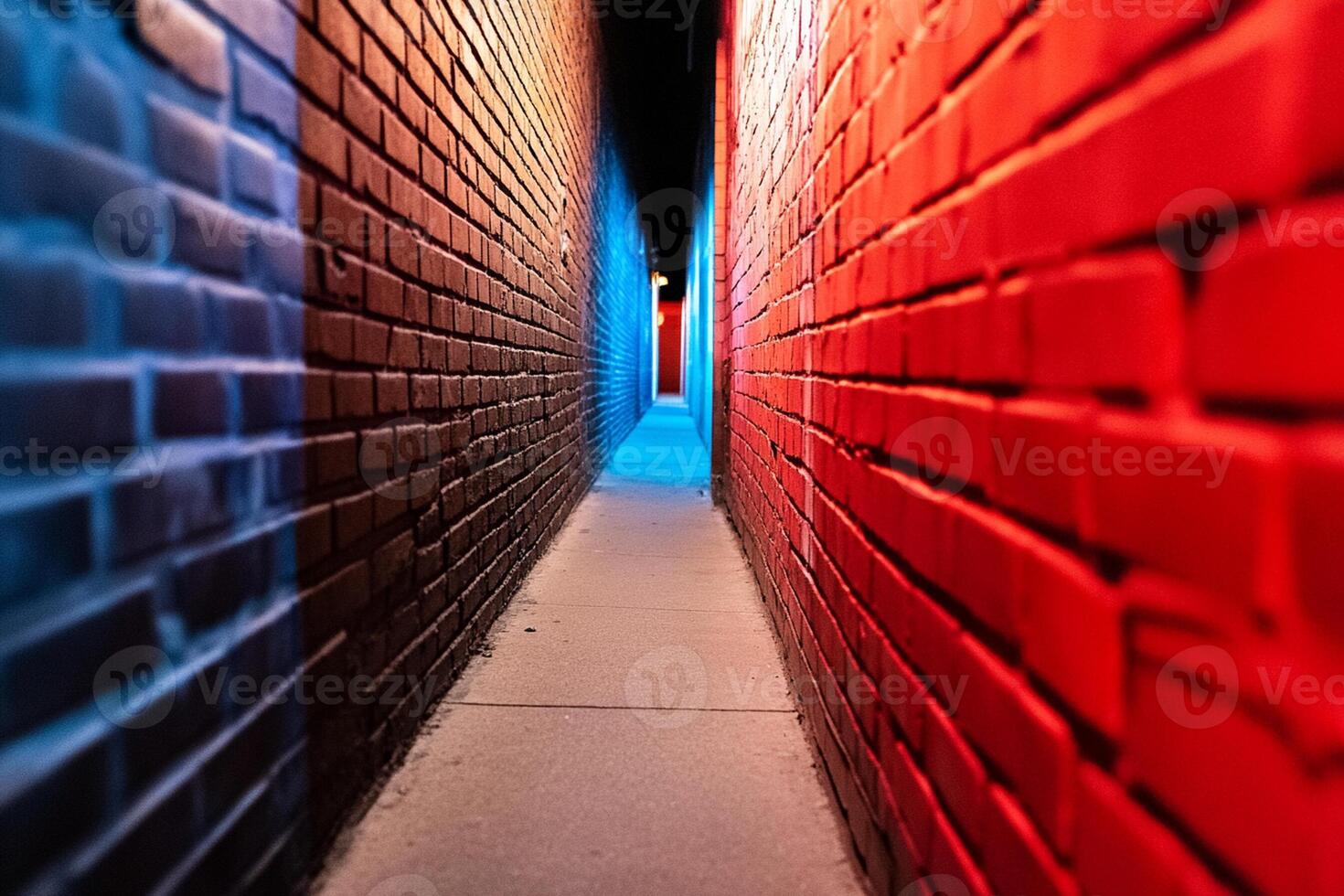 A narrow alley with red and blue bricks photo