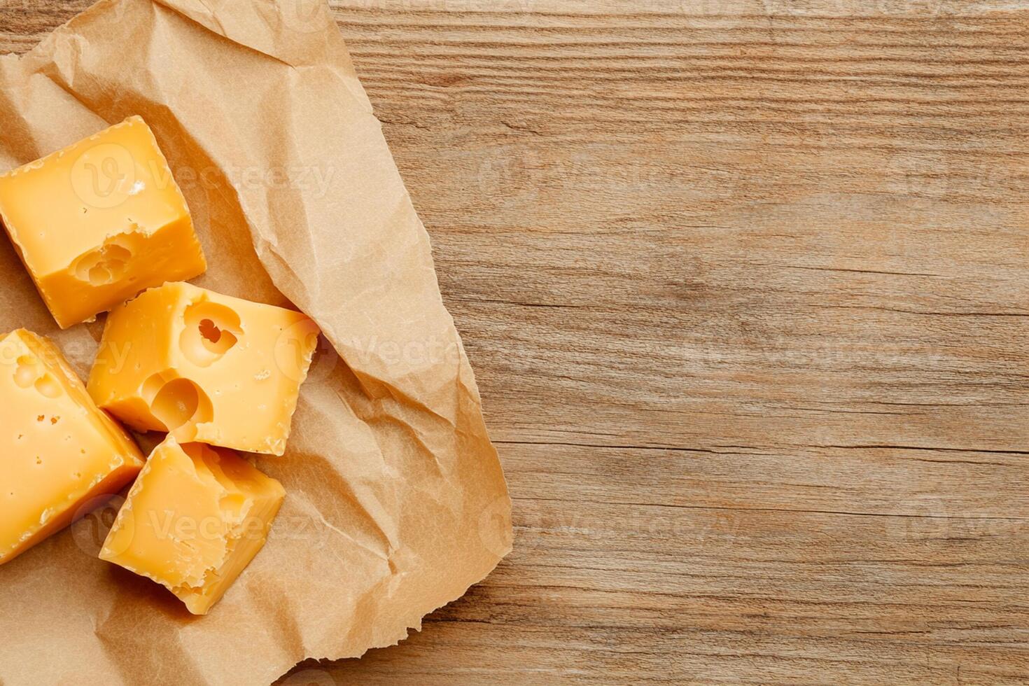 Cheese slices on a brown paper bag on a wooden table photo