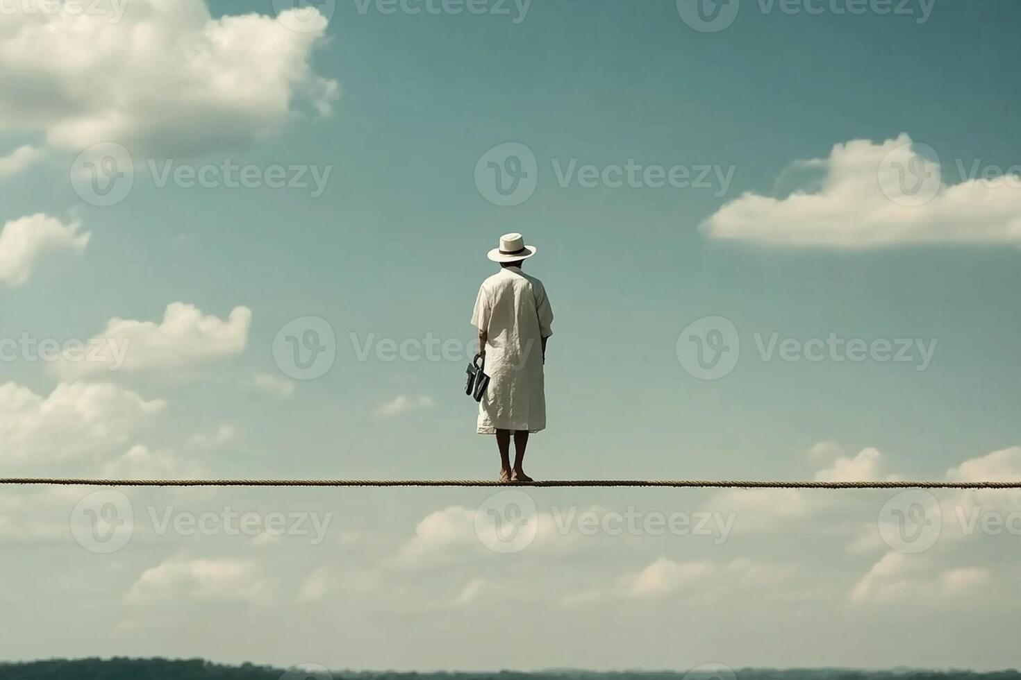 A man in a white hat walks on a rope across the sky photo