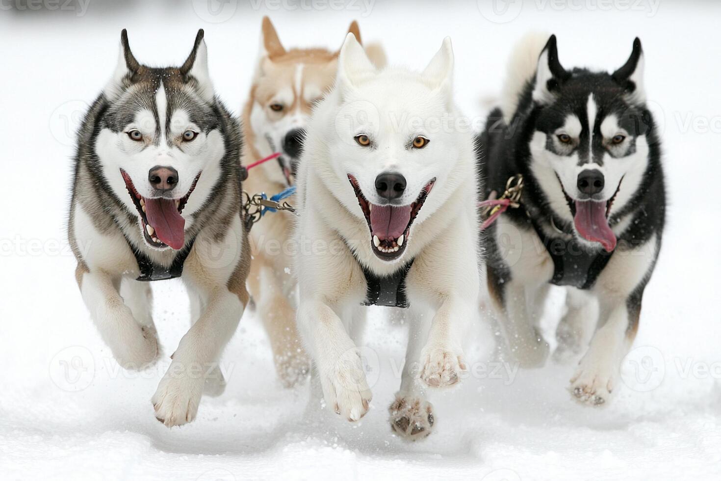 A group of dogs running in the snow photo