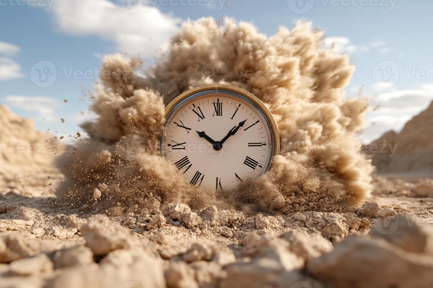 A clock is sitting in the middle of a desert photo