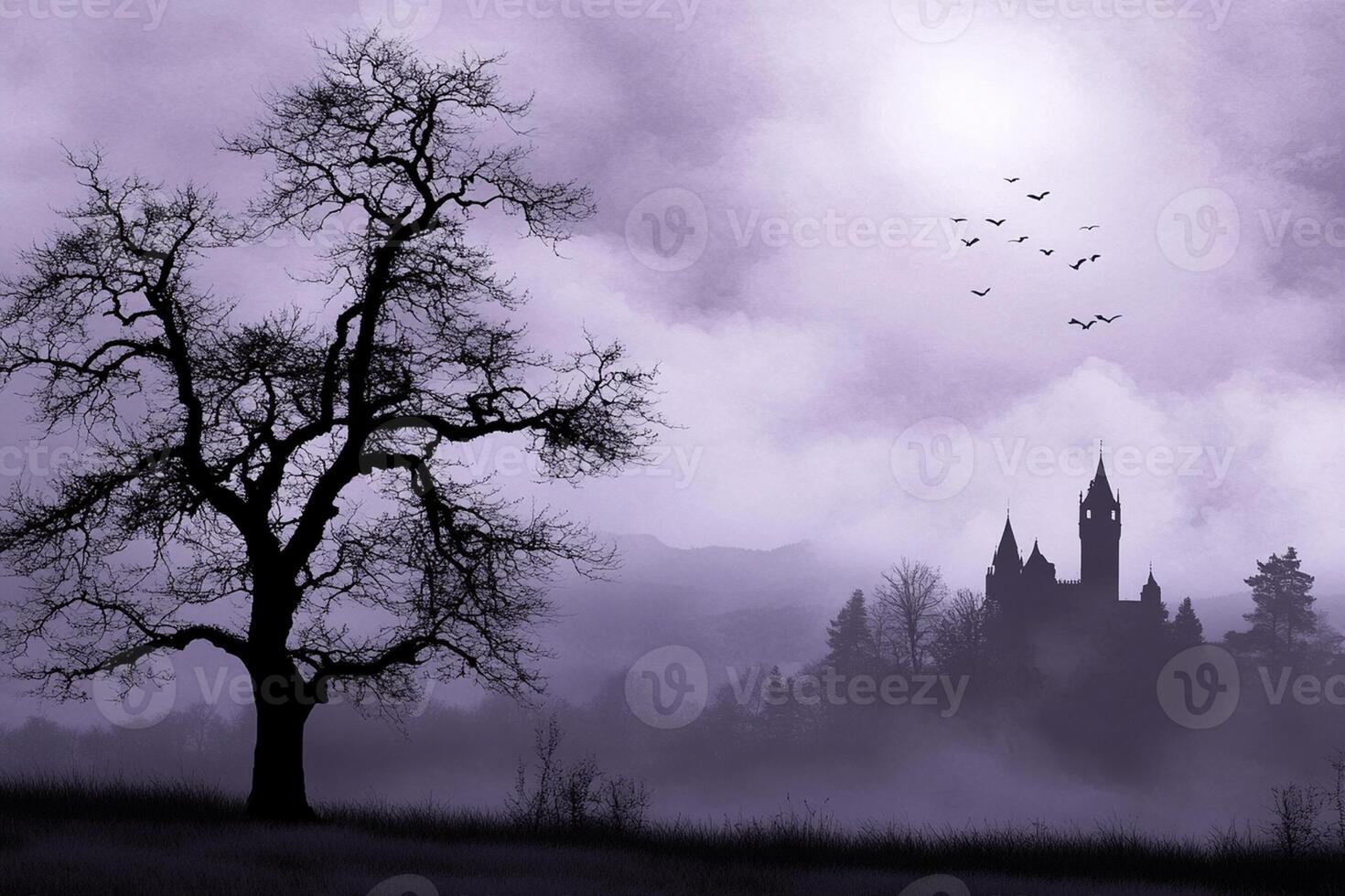 A castle in the fog with trees and birds photo