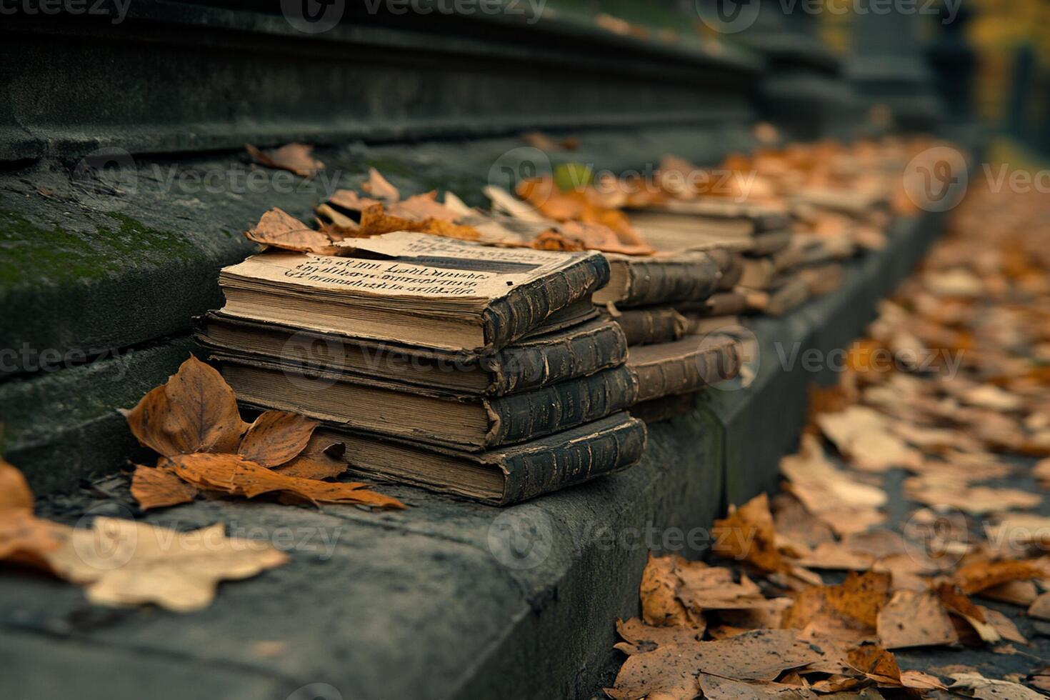 Old books on the ground in front of a stone wall photo