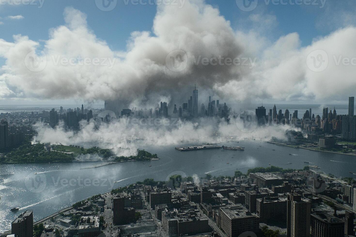 A city with smoke billowing from the sky photo