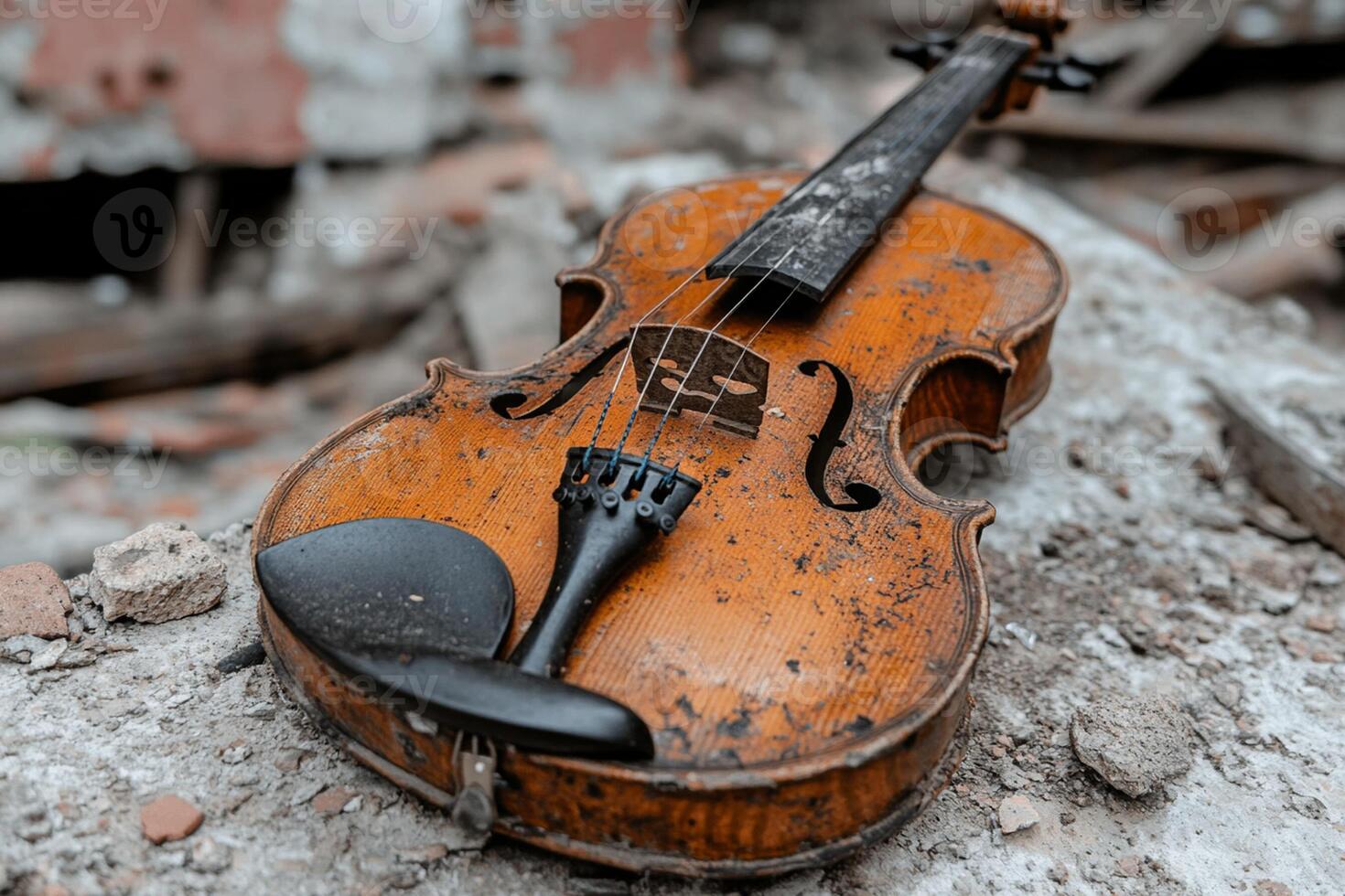 An old violin laying on the ground in front of a building photo