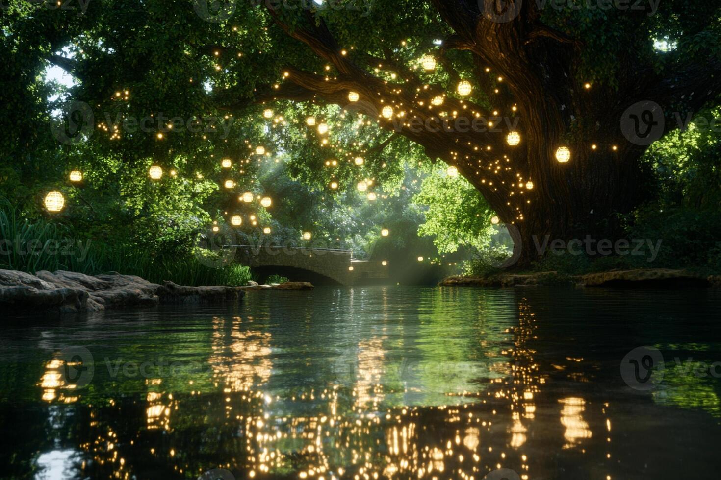 A tree with lights hanging from it over the water photo