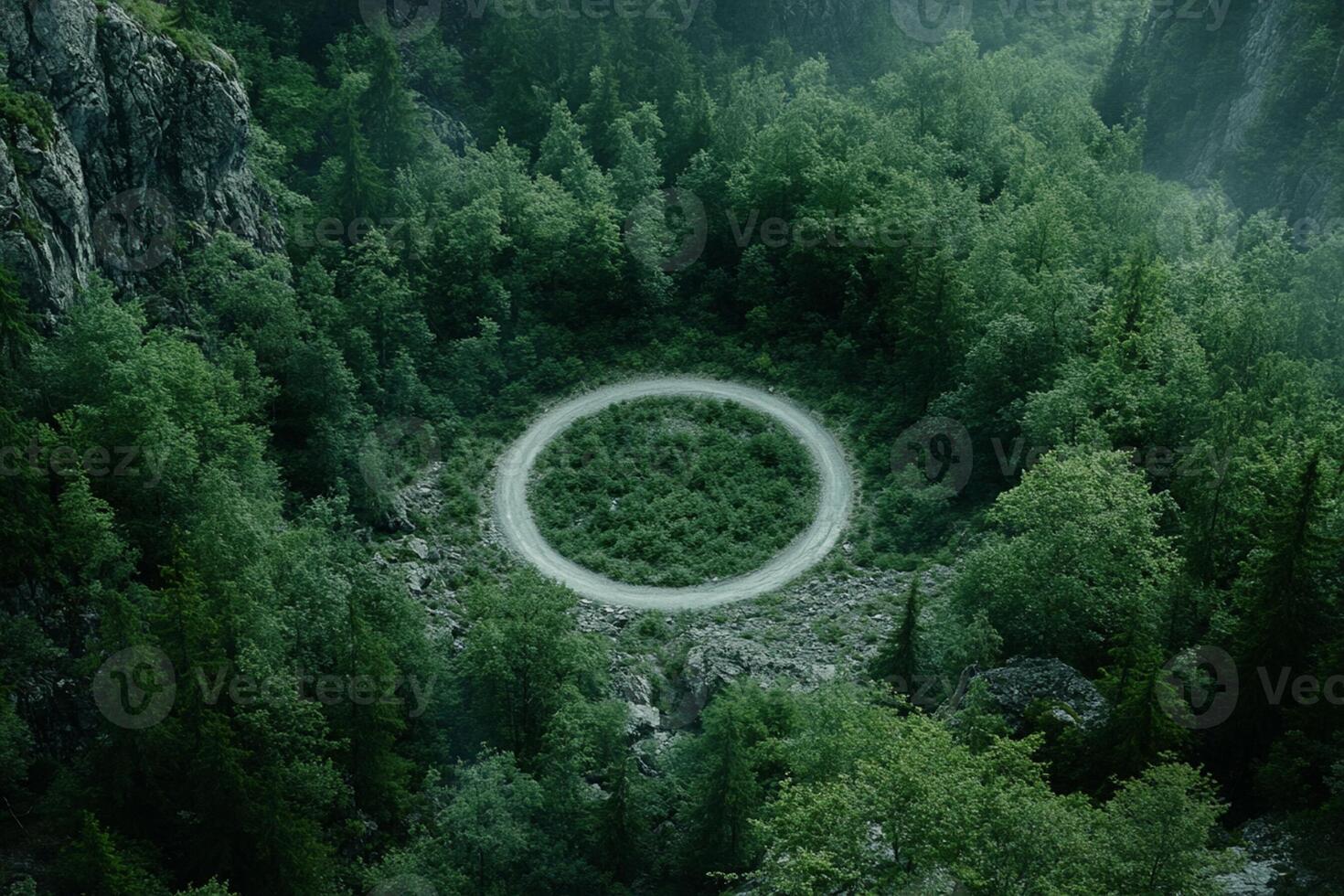 A circular ring is in the middle of a forest photo