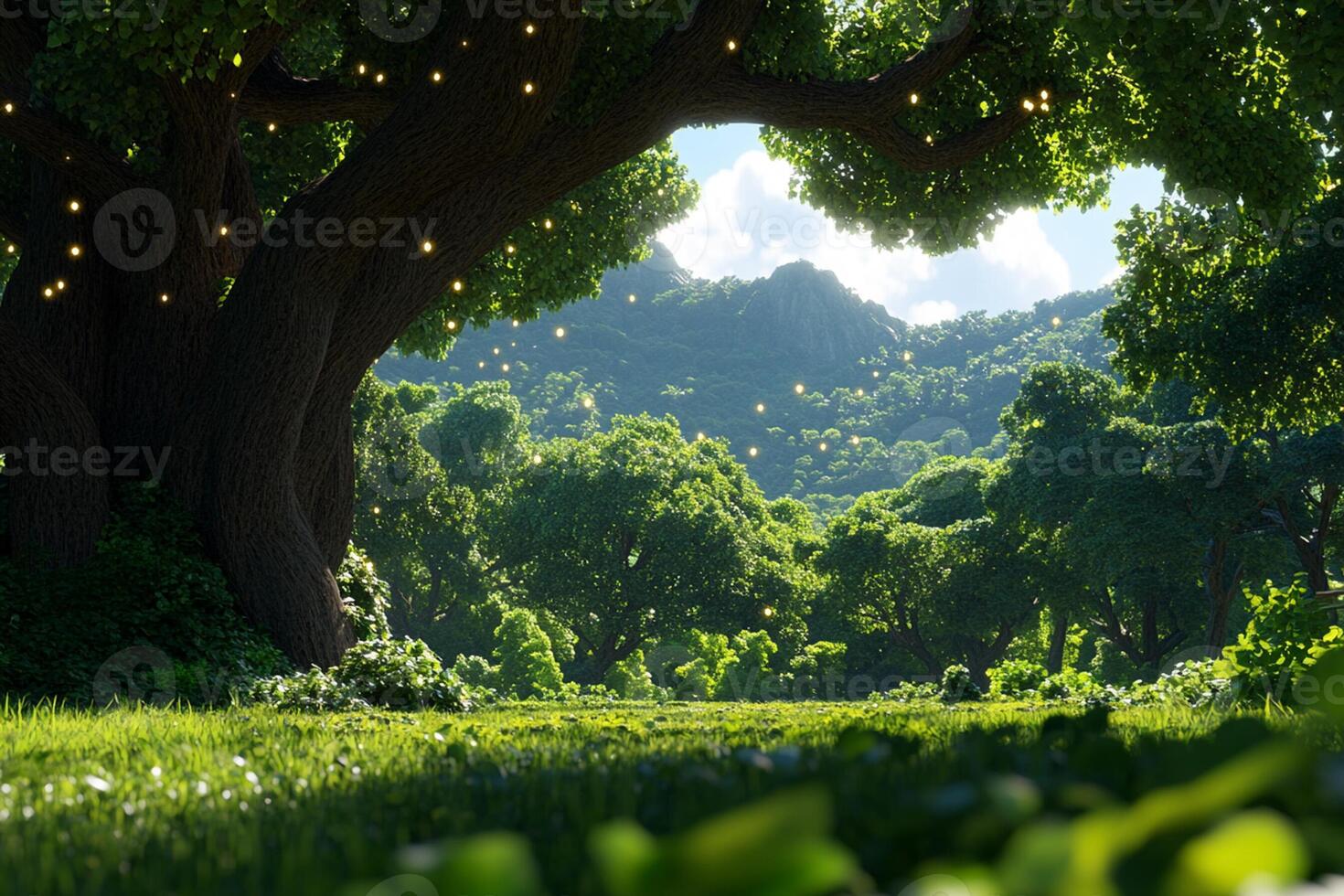A tree in the middle of a lush green field photo