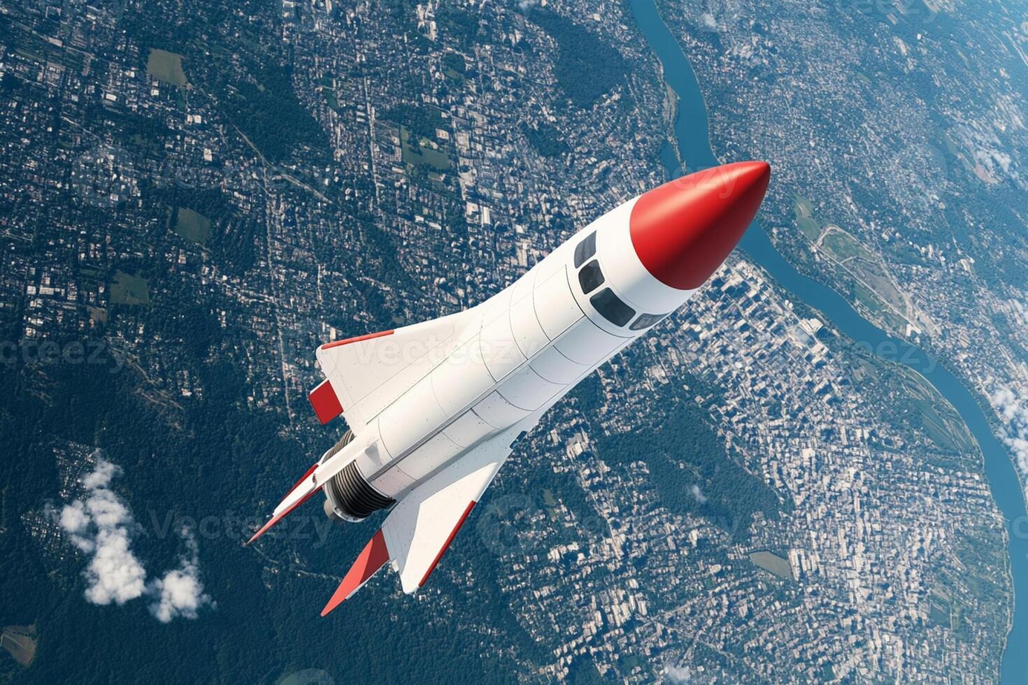 A red and white rocket flying over a city photo