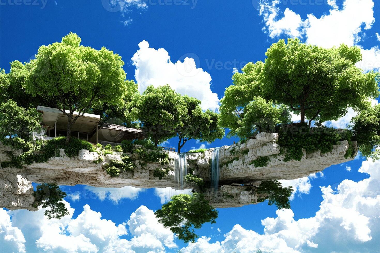 An island floating in the sky with trees photo