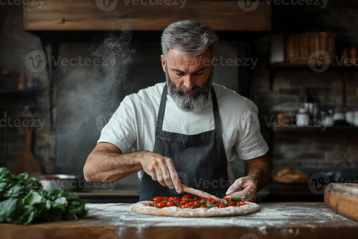 A man with a beard and apron is making a pizza photo