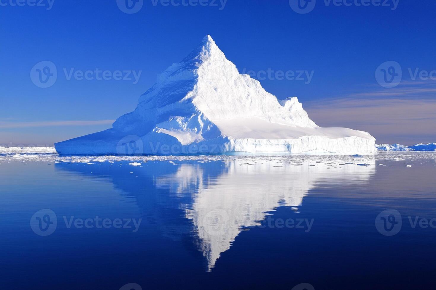 An iceberg floating in the water with blue sky photo