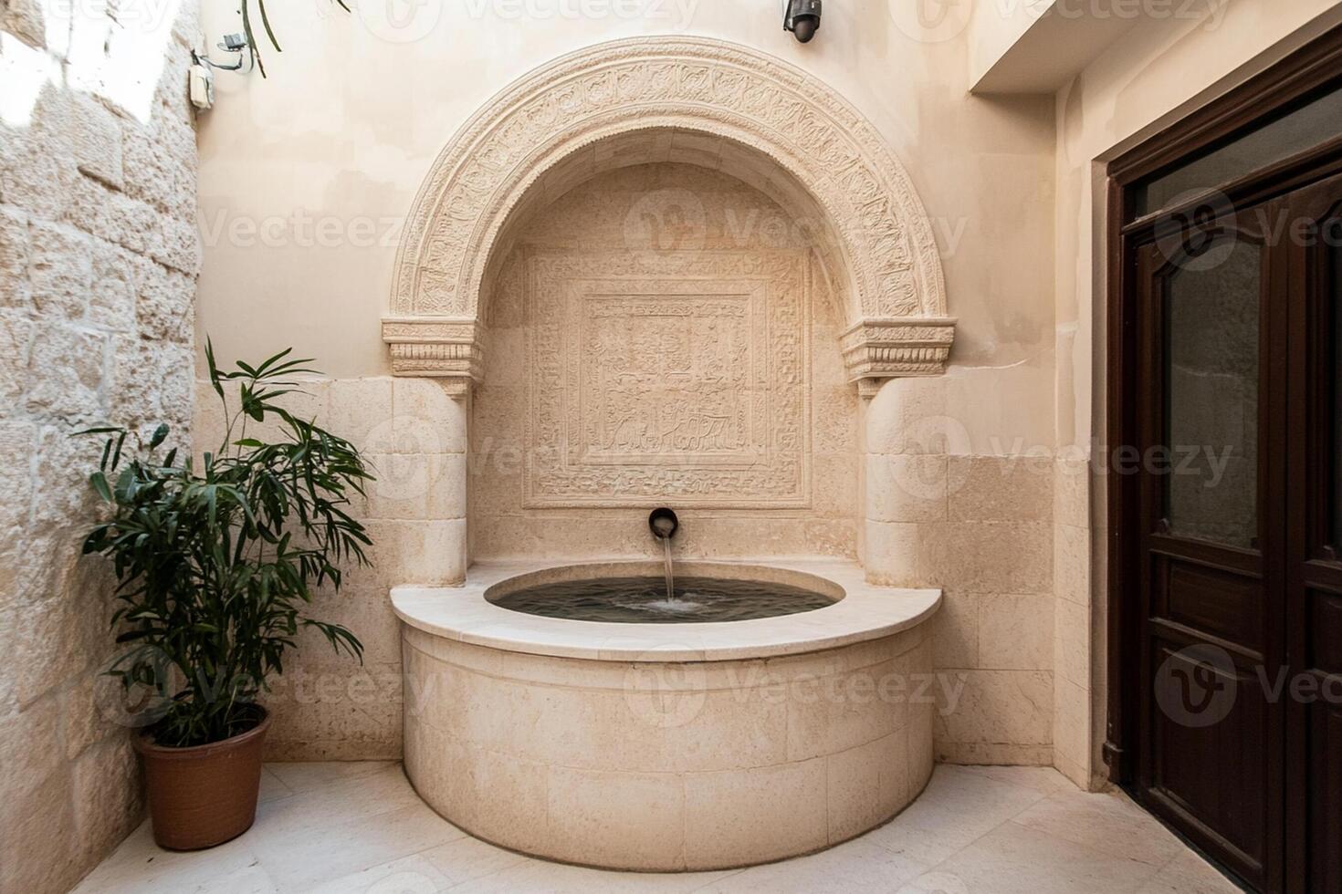 A stone fountain in a small room with a door photo