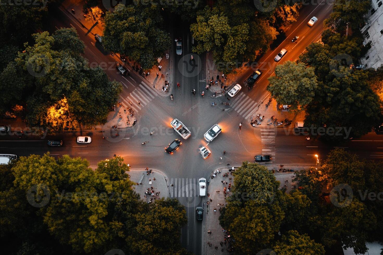 An aerial view of a busy intersection at night photo