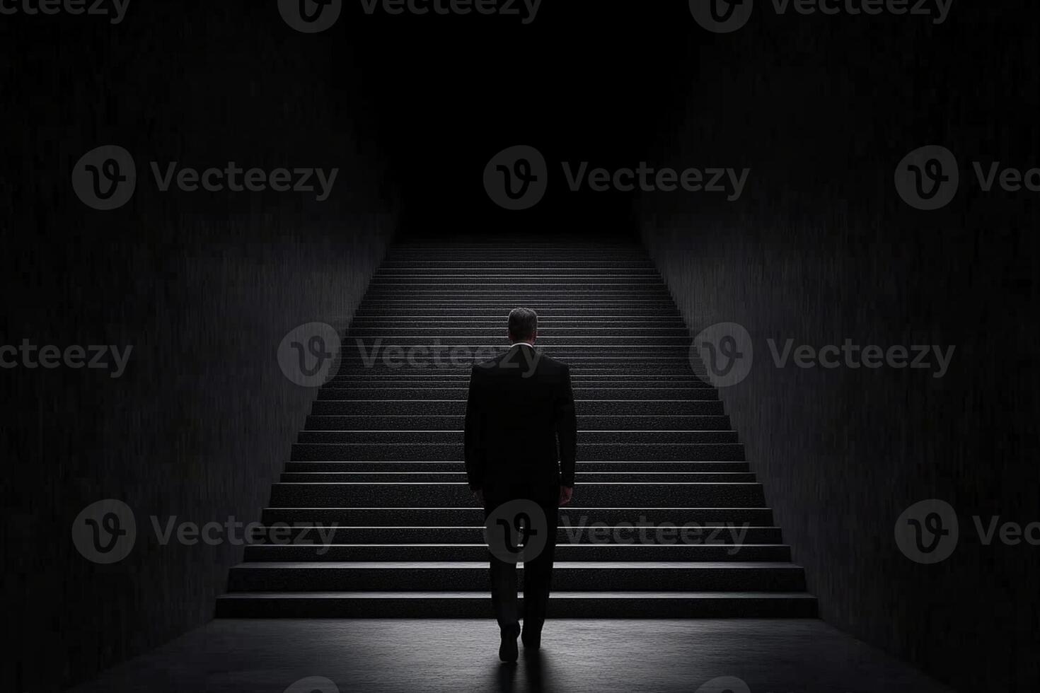 A man standing on a dark stairway in a dark room photo
