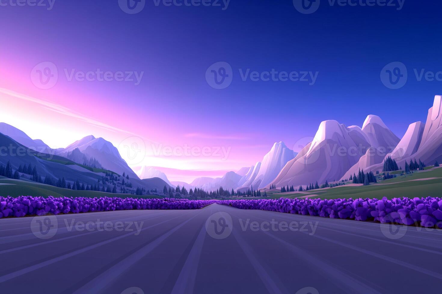 A purple field with mountains in the background photo