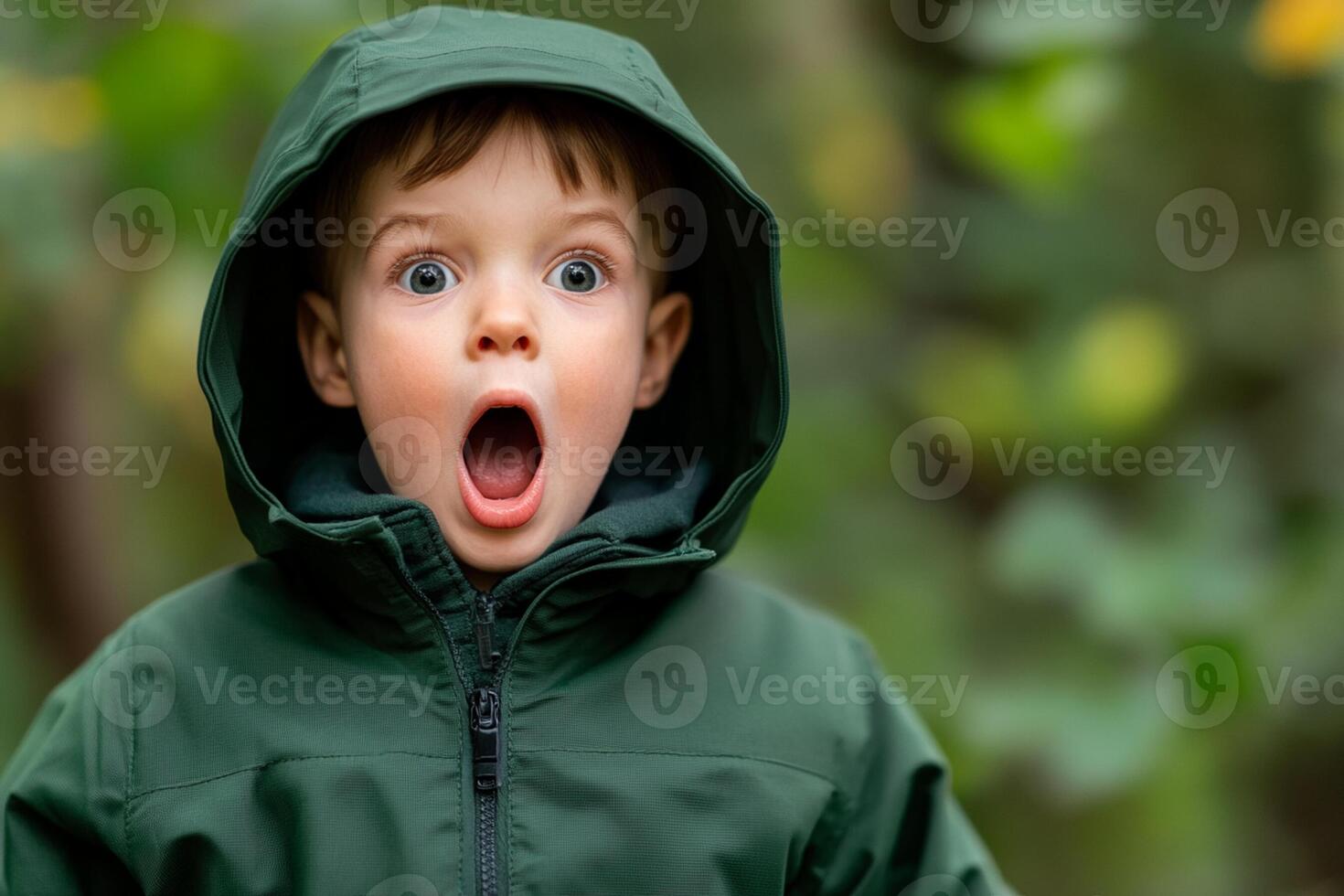 A young boy in a green jacket with his mouth open photo