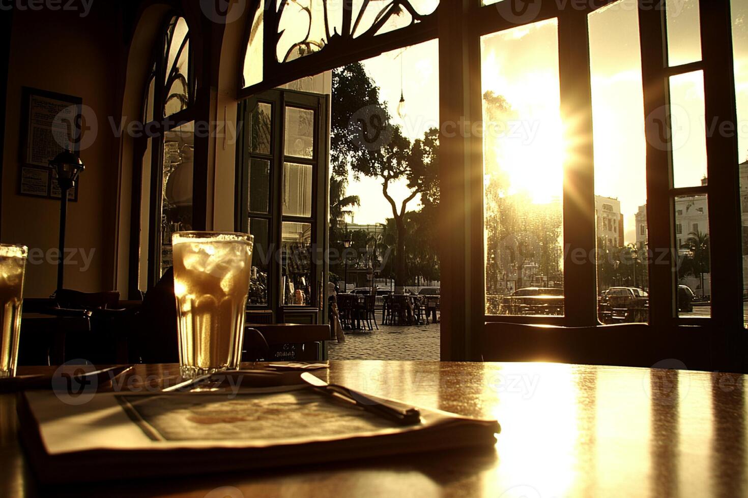 A table with two glasses of water and a napkin photo