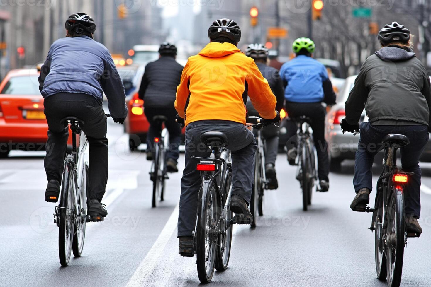 A group of people riding bicycles on a city street photo
