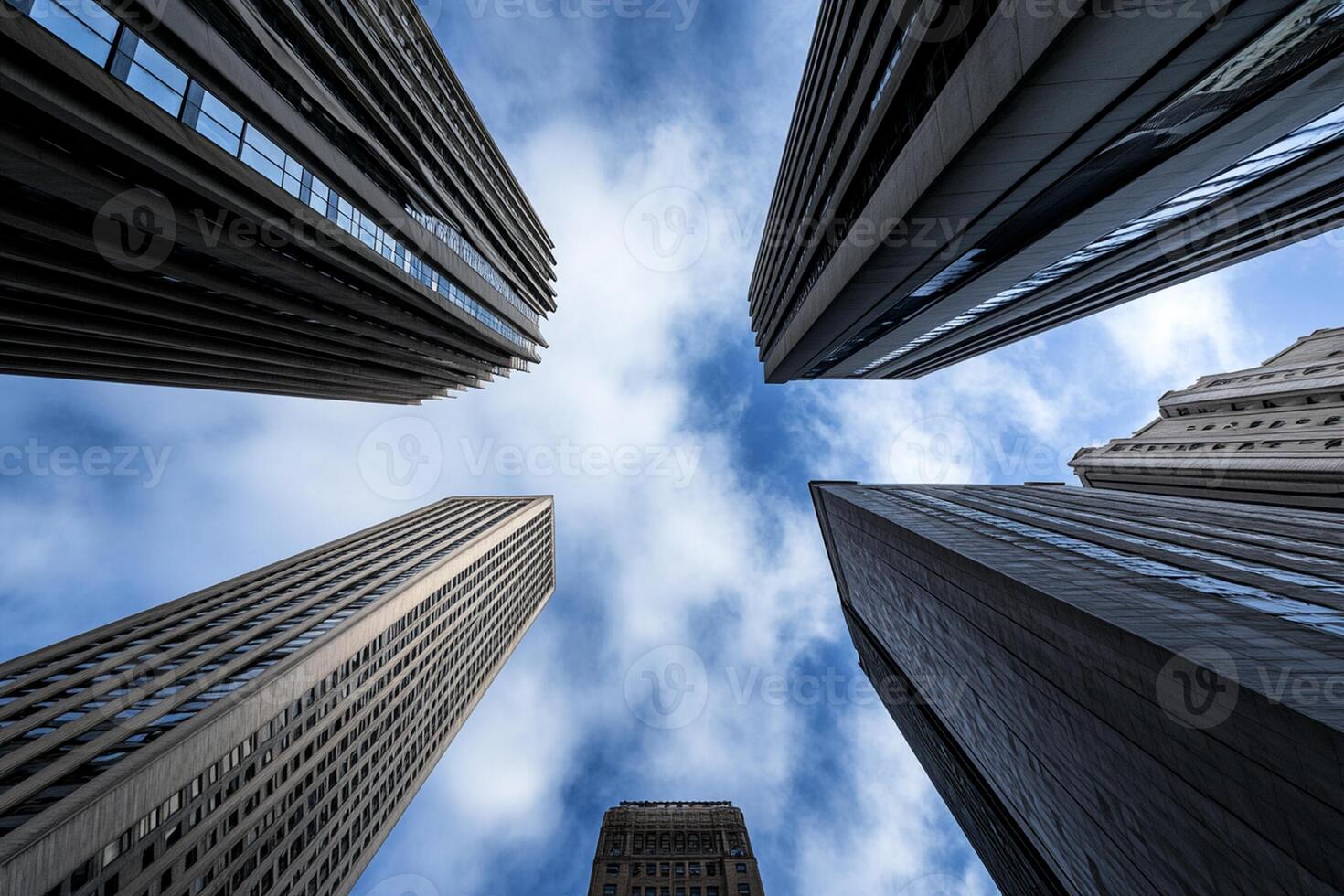 A view of tall buildings looking up at the sky photo
