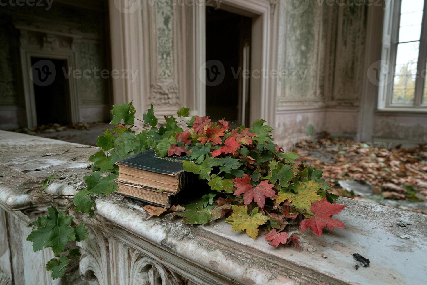 A book and leaves sit on a ledge in an old building photo