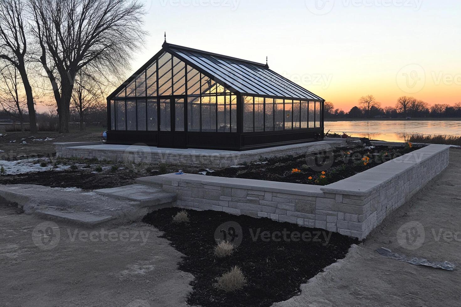 A greenhouse is sitting on the ground next to a lake photo