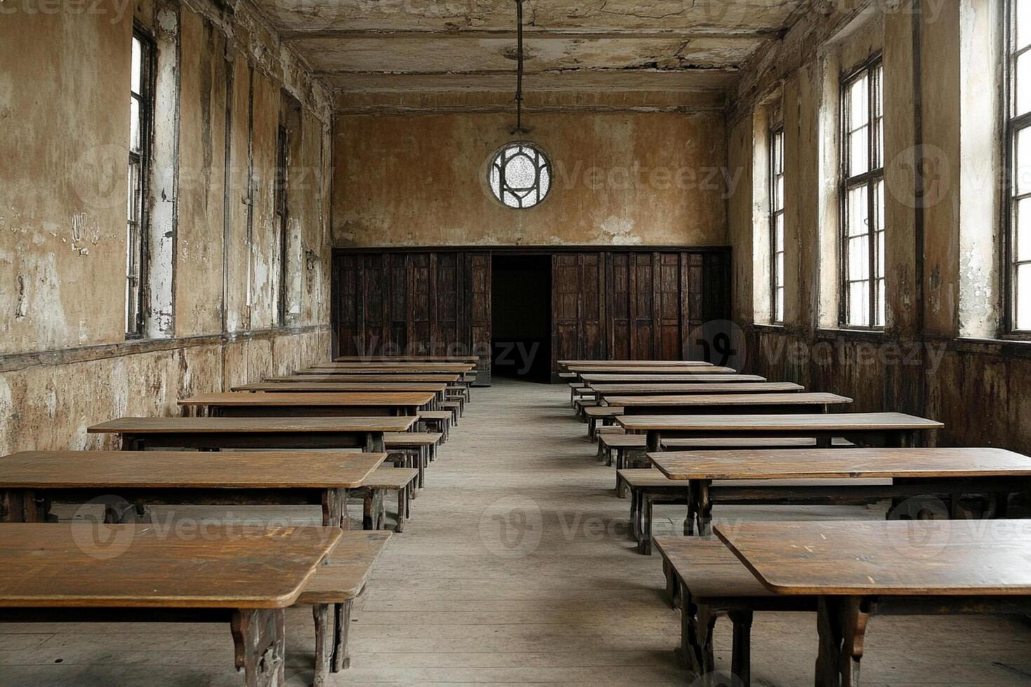 A classroom with wooden desks and a window photo