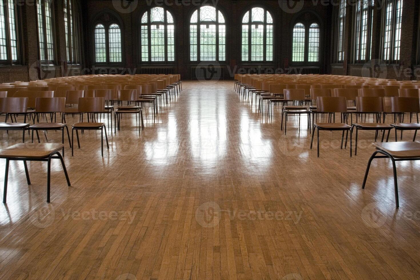 Empty chairs in a large hall with wooden floors photo