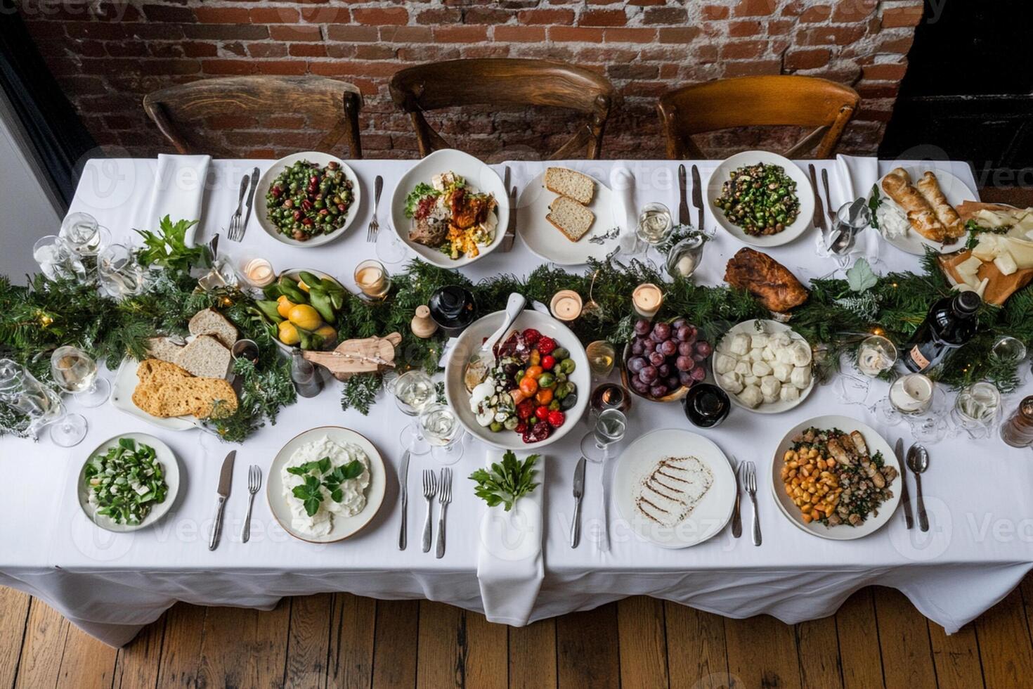 A table set for a holiday dinner with a variety of food photo