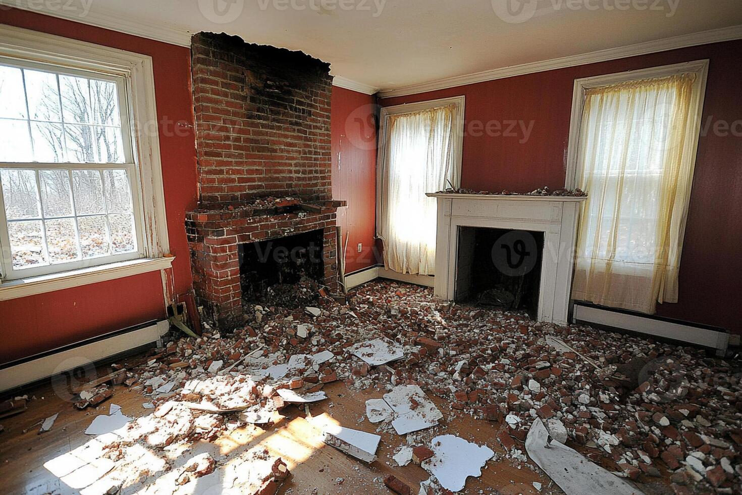 A room with a fireplace and a lot of rubble photo