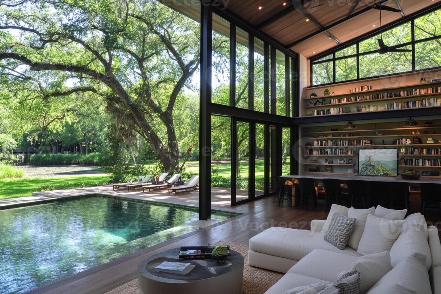 A living room with a pool and bookshelves photo