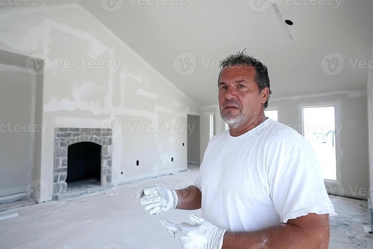 A man standing in a room with a white wall and a fireplace photo