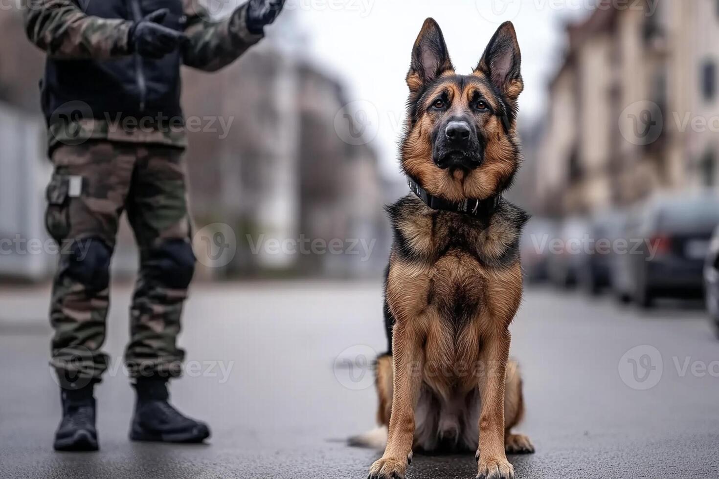 A german shepherd dog sitting on the street with a soldier photo