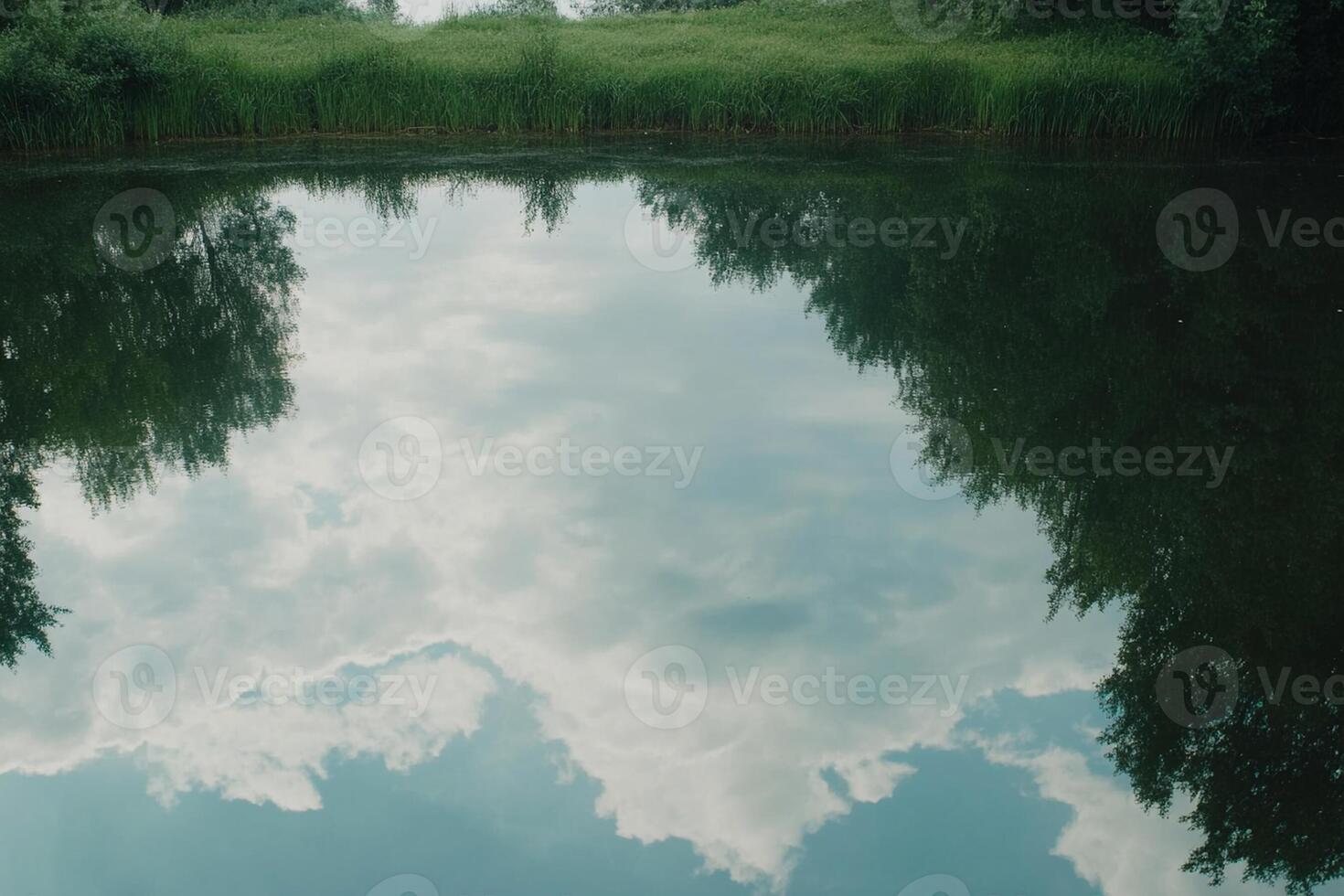 A lake with trees and clouds reflected in it photo