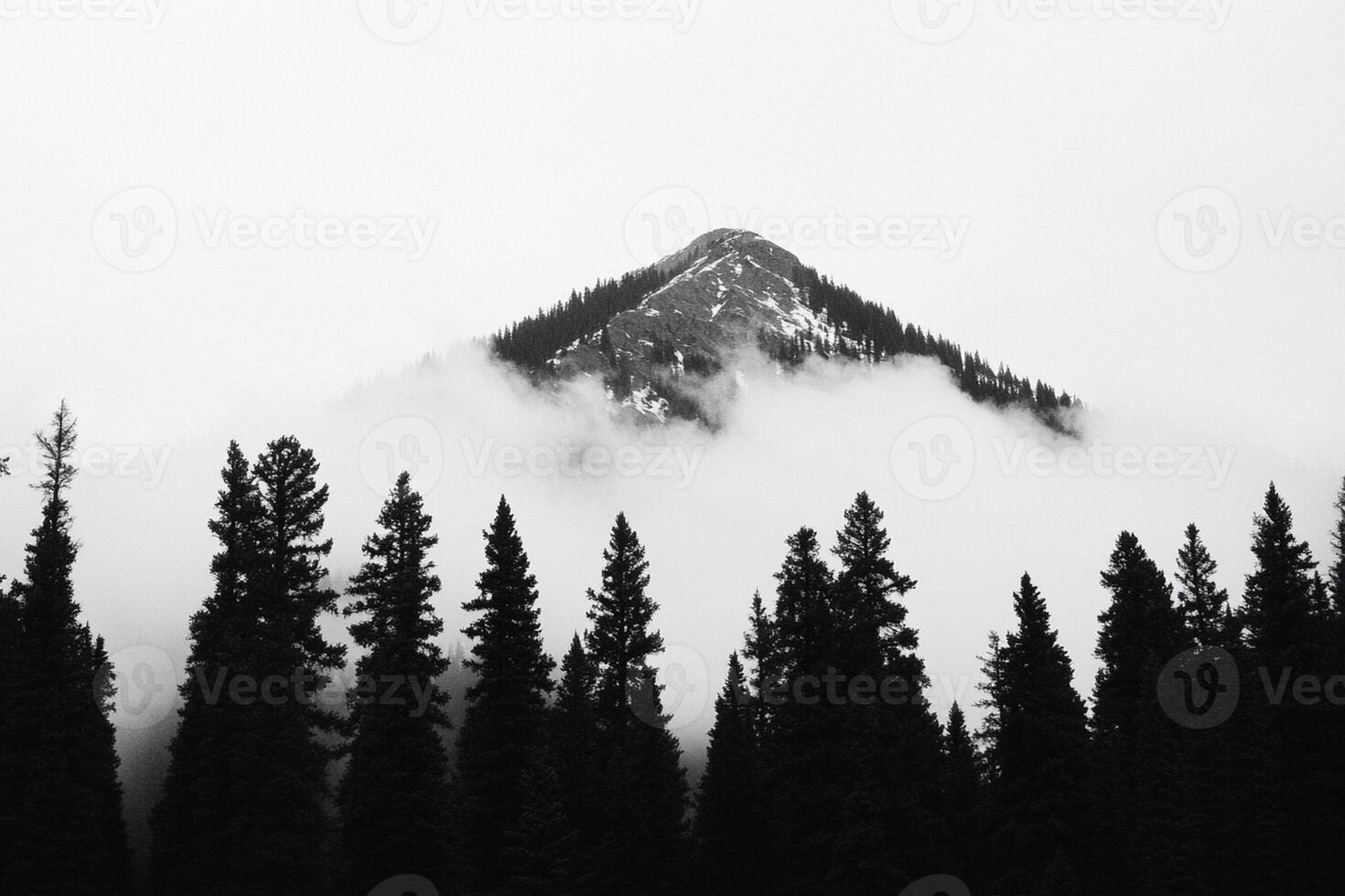 Black and white photo of a mountain covered in fog