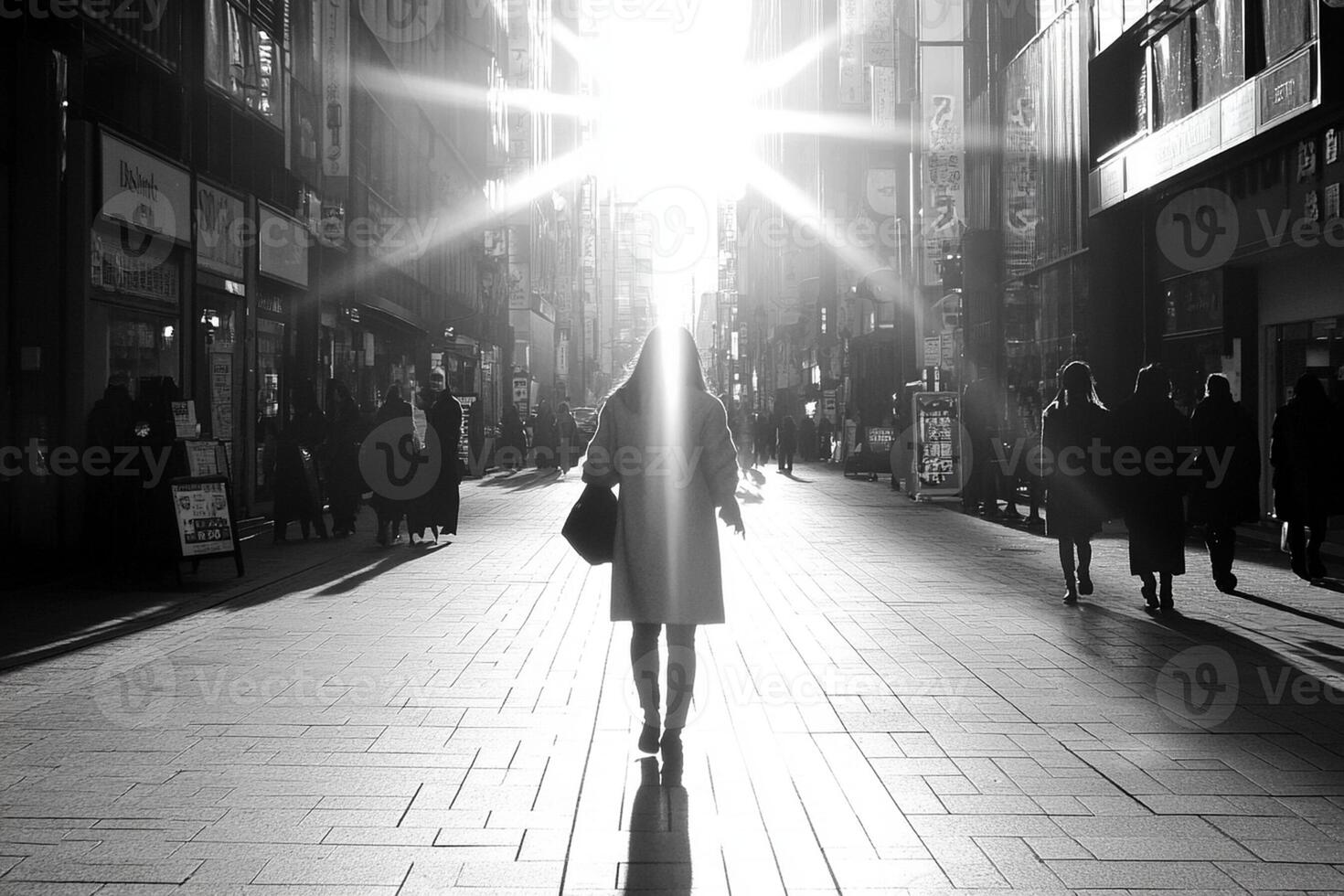 A woman walking down a street with the sun shining through the window photo