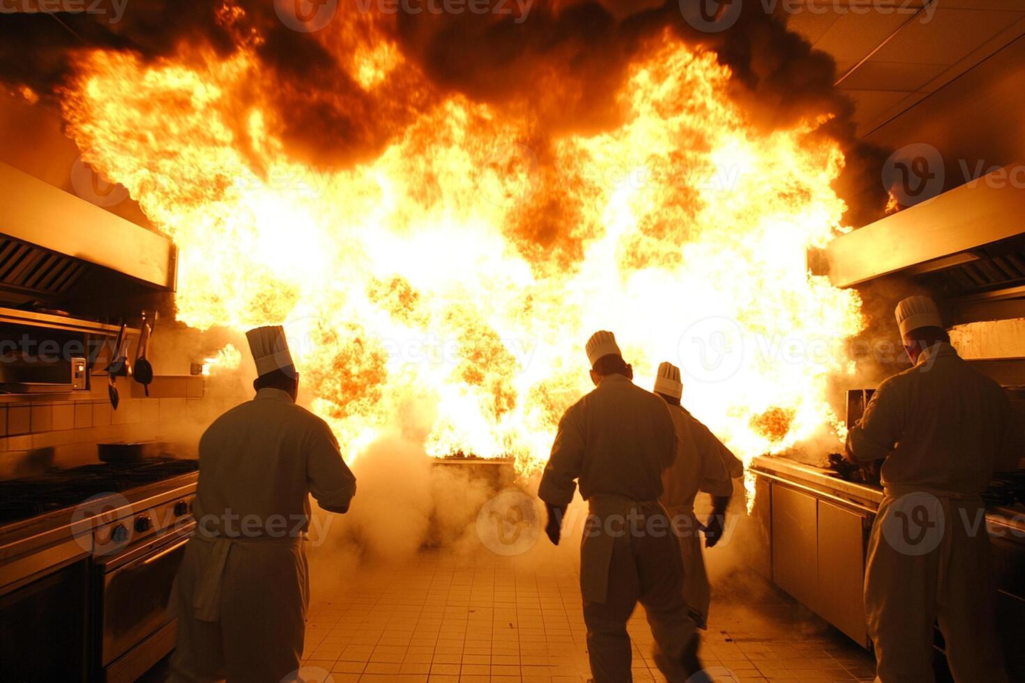 A group of chefs in a kitchen with a large fire photo