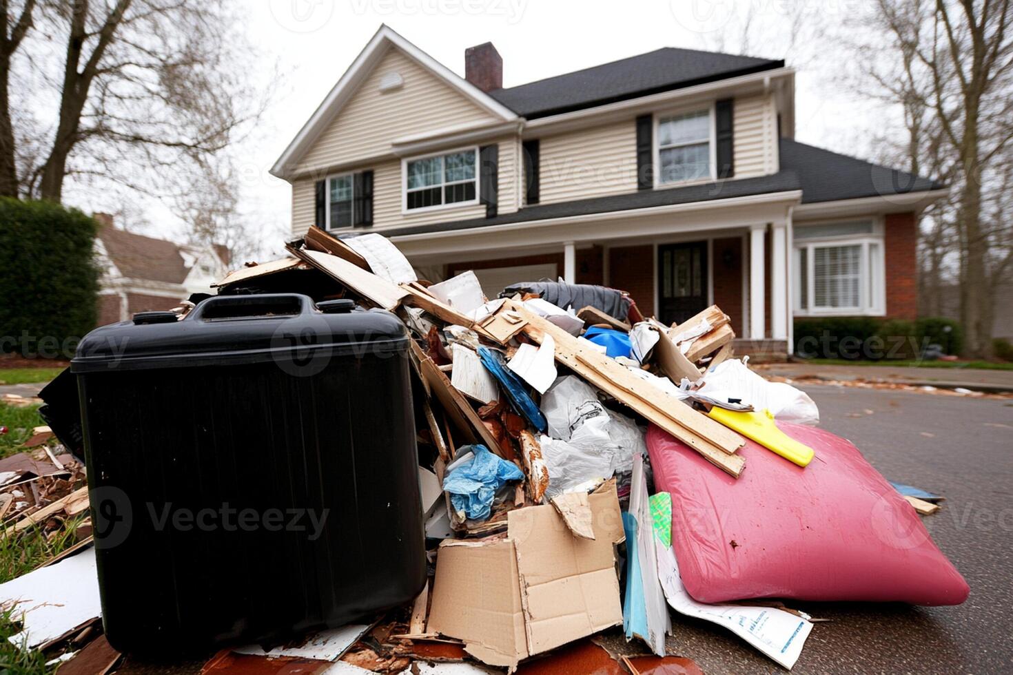 A pile of garbage in front of a house photo